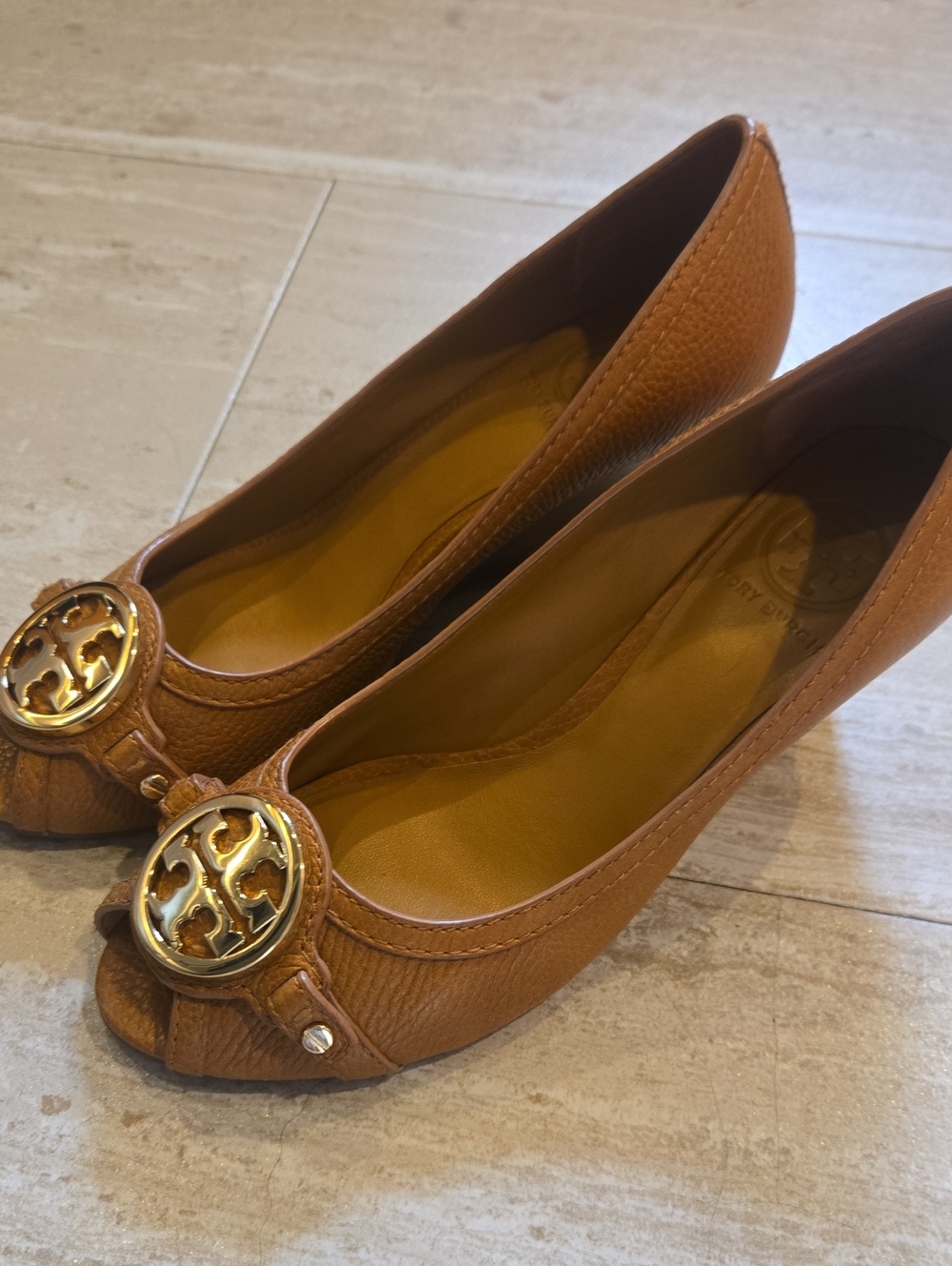 Tory Burch Caramel Tan Leather Peep-Toe Wedges with Gold Logo Medallion